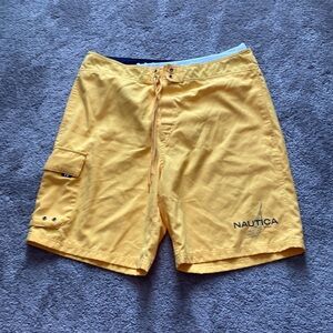 Nautica Yellow Swim Trunks Cargo Pocket Drawstring Board Shorts SIZE 38